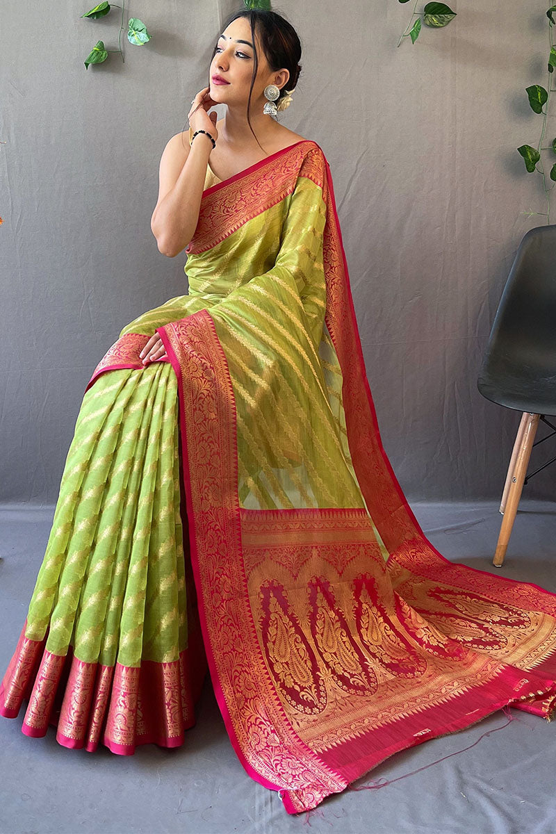 Slime Green Zari Woven Organza Silk Saree