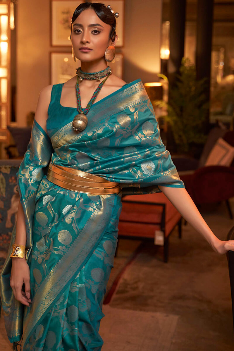 Teal Blue Zari Woven Banarasi Silk Saree