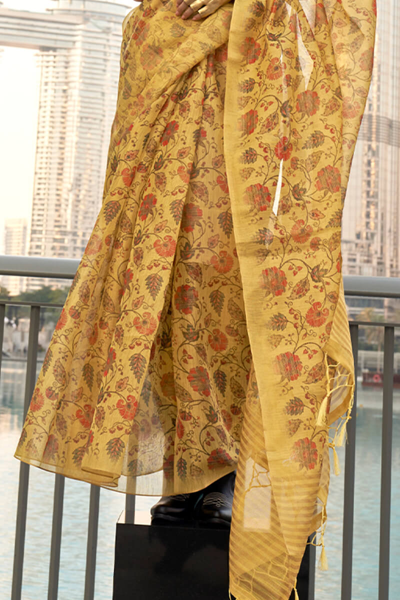 Turmeric Yellow Printed Tissue Silk Saree