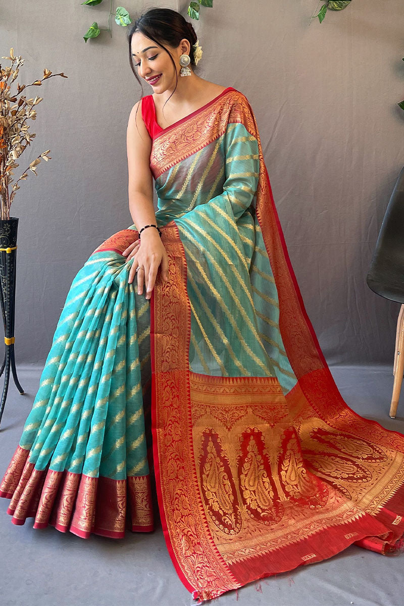 Turquoise Blue Zari Woven Organza Silk Saree