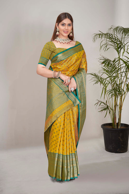 Yellow Kanchipuram Tissue Silk Traditional Zari Woven Saree
