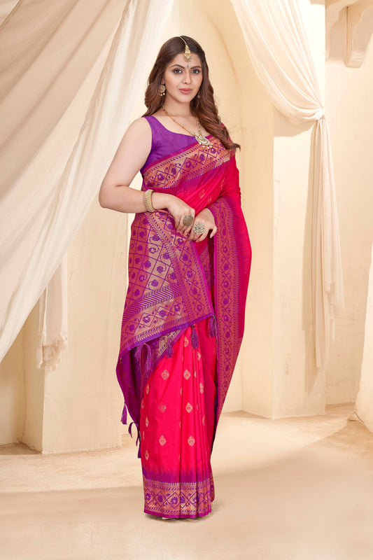 Pink Soft Silk Floral Border Contrast Zari Woven Saree