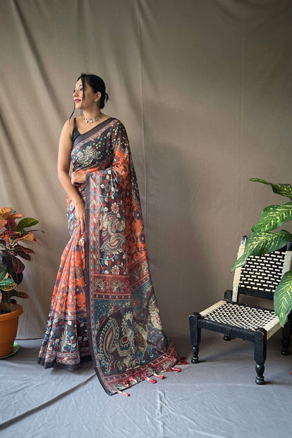 Orange Kalamkari Digital Printed Soft Cotton Saree