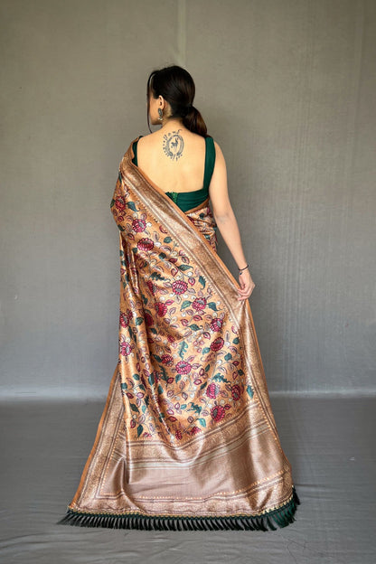 Cream Soft Silk Saree with Kalamkari Fusion Print