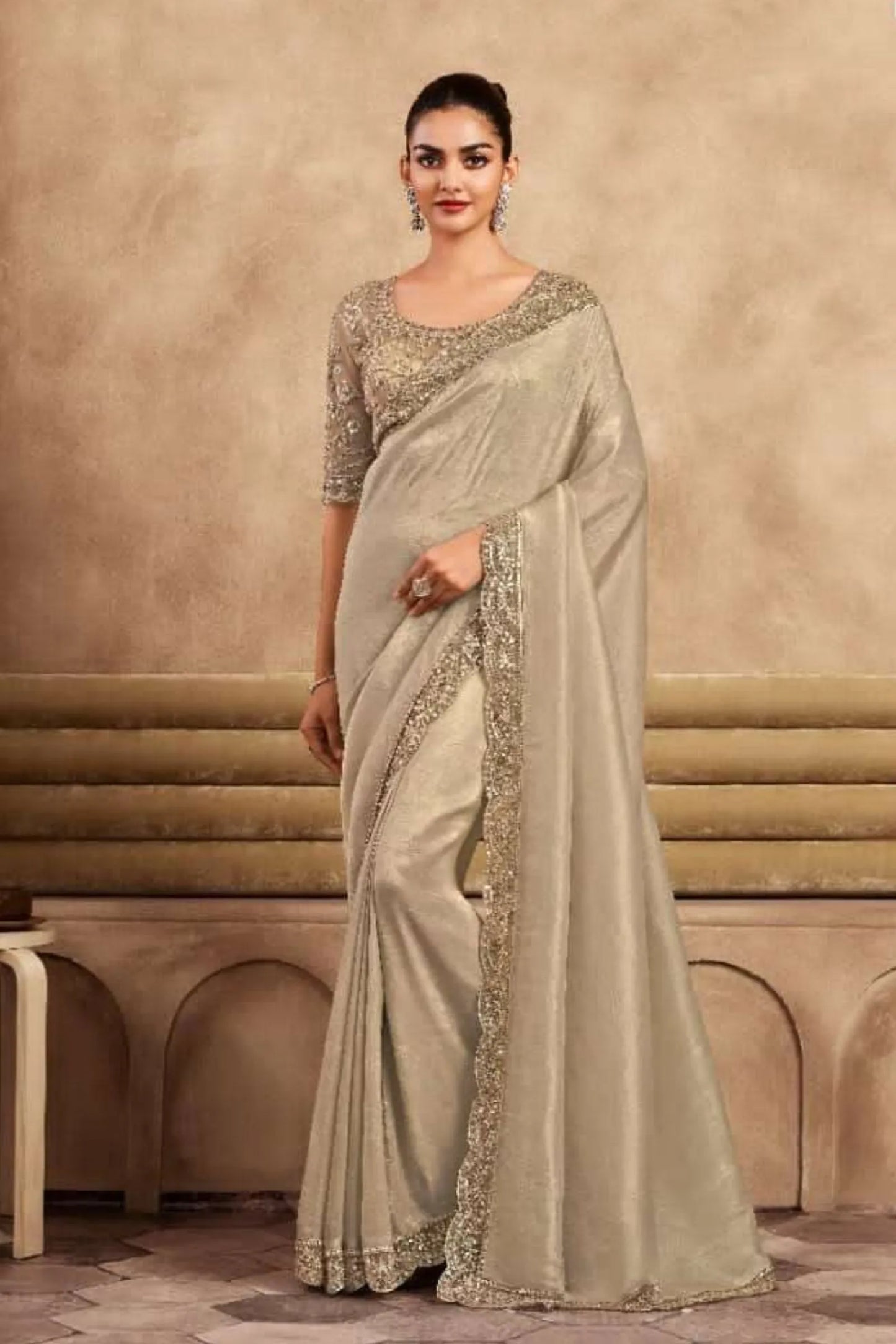 Tan Designer Shine Silk Saree With Fancy Work