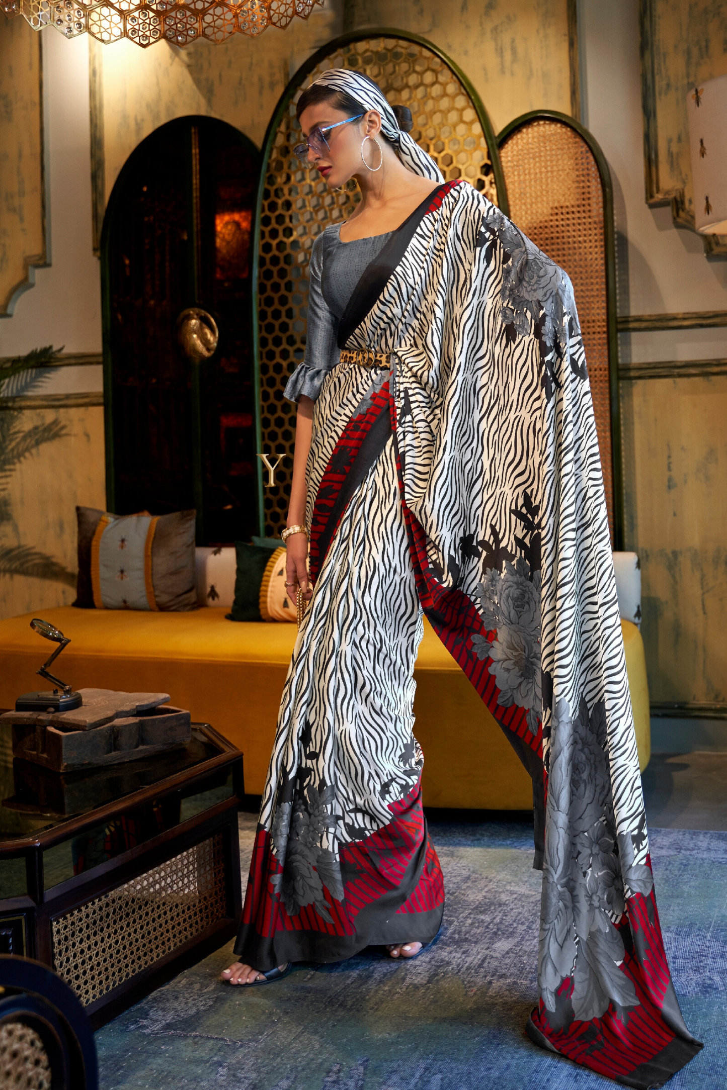 White & Black Floral Printed Satin Crepe Saree
