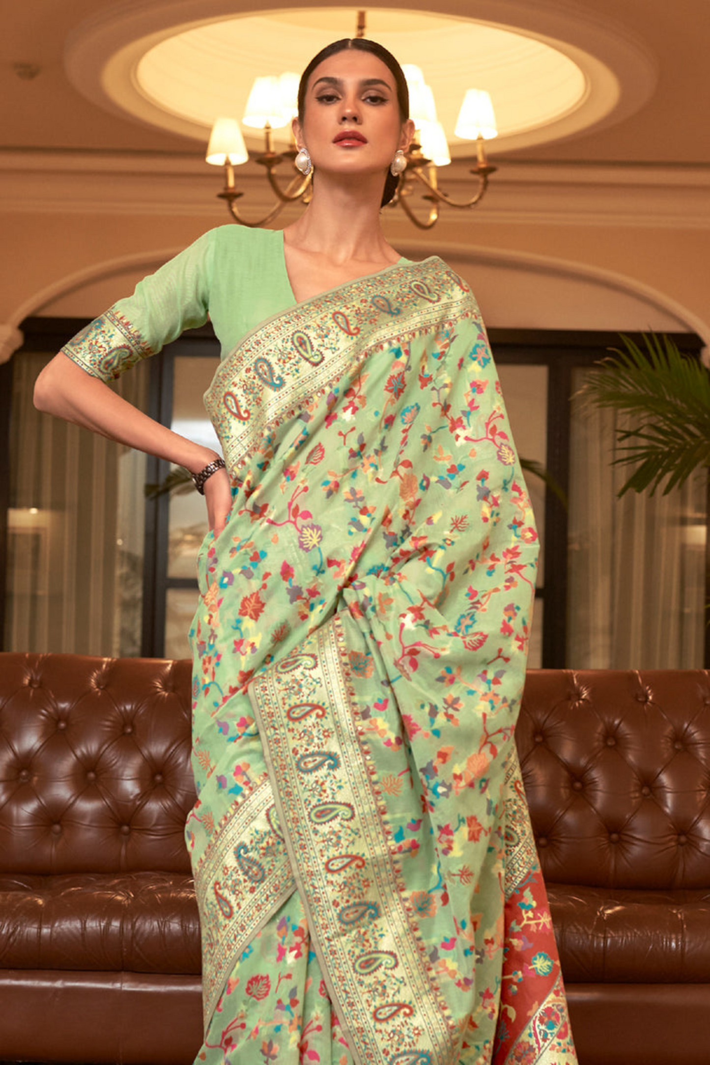Pistachio Green Cotton Silk Pashmina Sarees with Kashmiri Modal Weaving