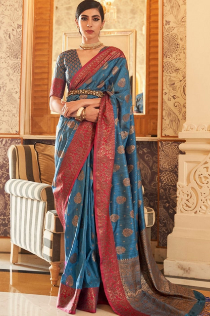 Sapphire Blue Banarasi Tussar Silk Saree with Designer Boder