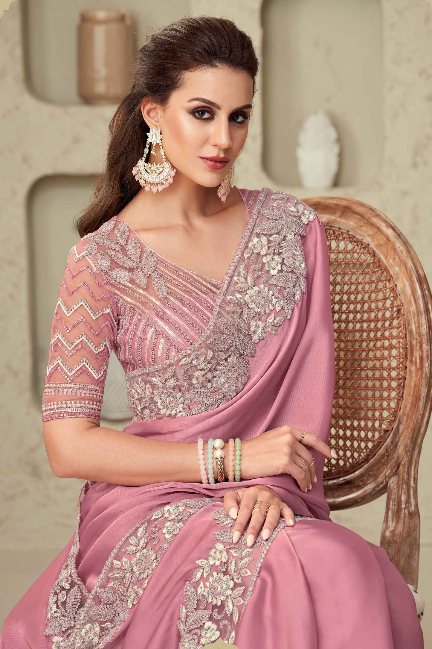Onion Pink Glorious Silk Saree With Embroidery Work