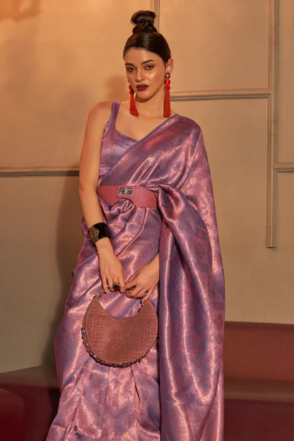 Mulberry Magenta Rich Banarasi Soft Silk Saree with Shimmer Zari Work