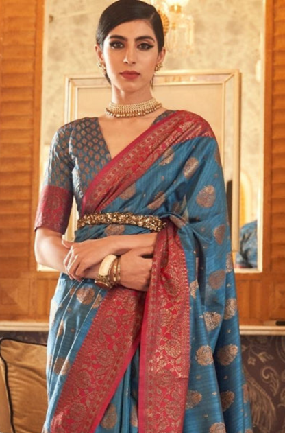 Sapphire Blue Banarasi Tussar Silk Saree with Designer Boder
