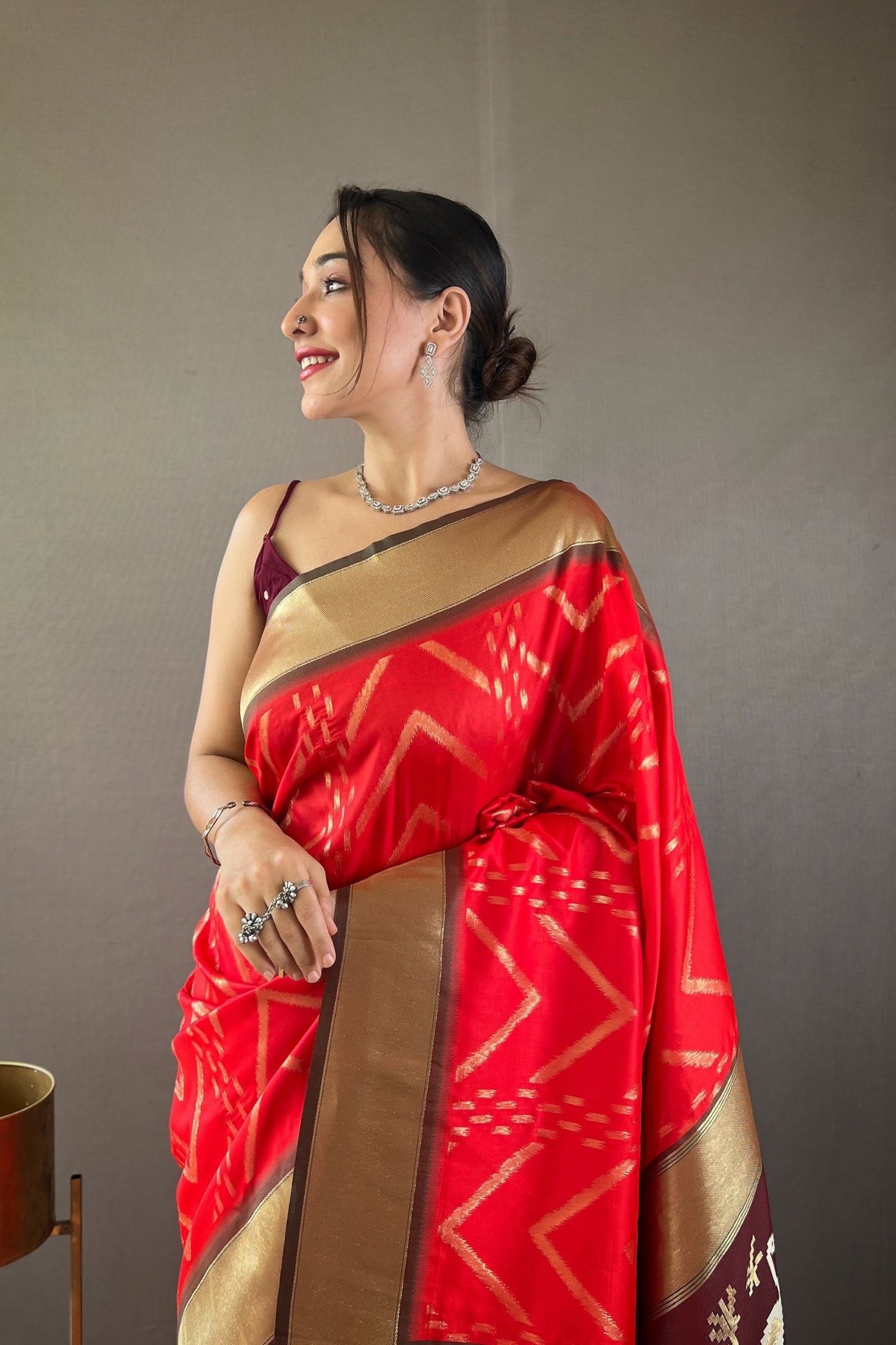 Red Zig Zag Zari Soft Silk Saree