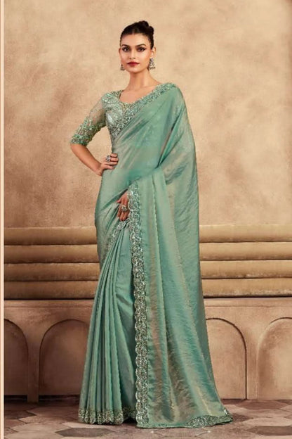 Sea Green Designer Gold Flake Silk Saree With Fancy Work