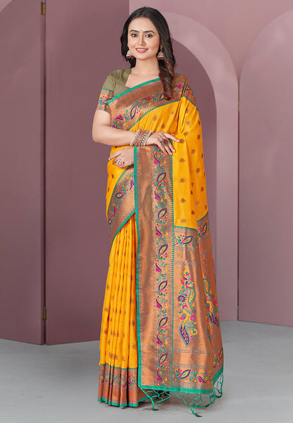 Yellow Original Meenakari Paithani Silk Zari Woven Saree