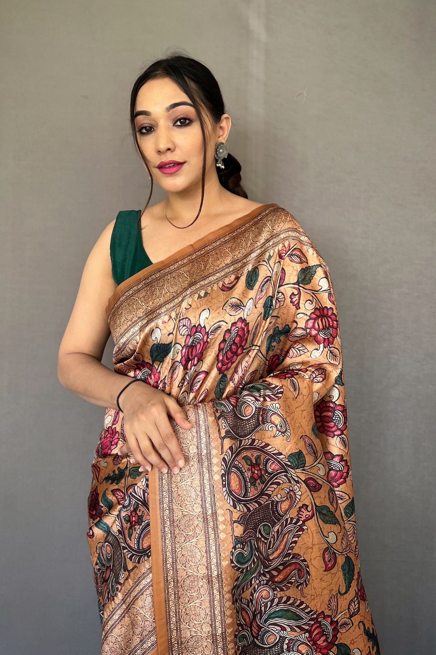 Cream Soft Silk Saree with Kalamkari Fusion Print