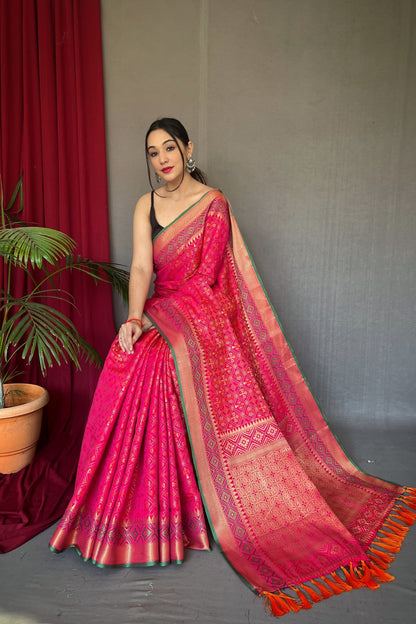 Bright Pink Meenakari Zari Weaving Patola Silk Saree