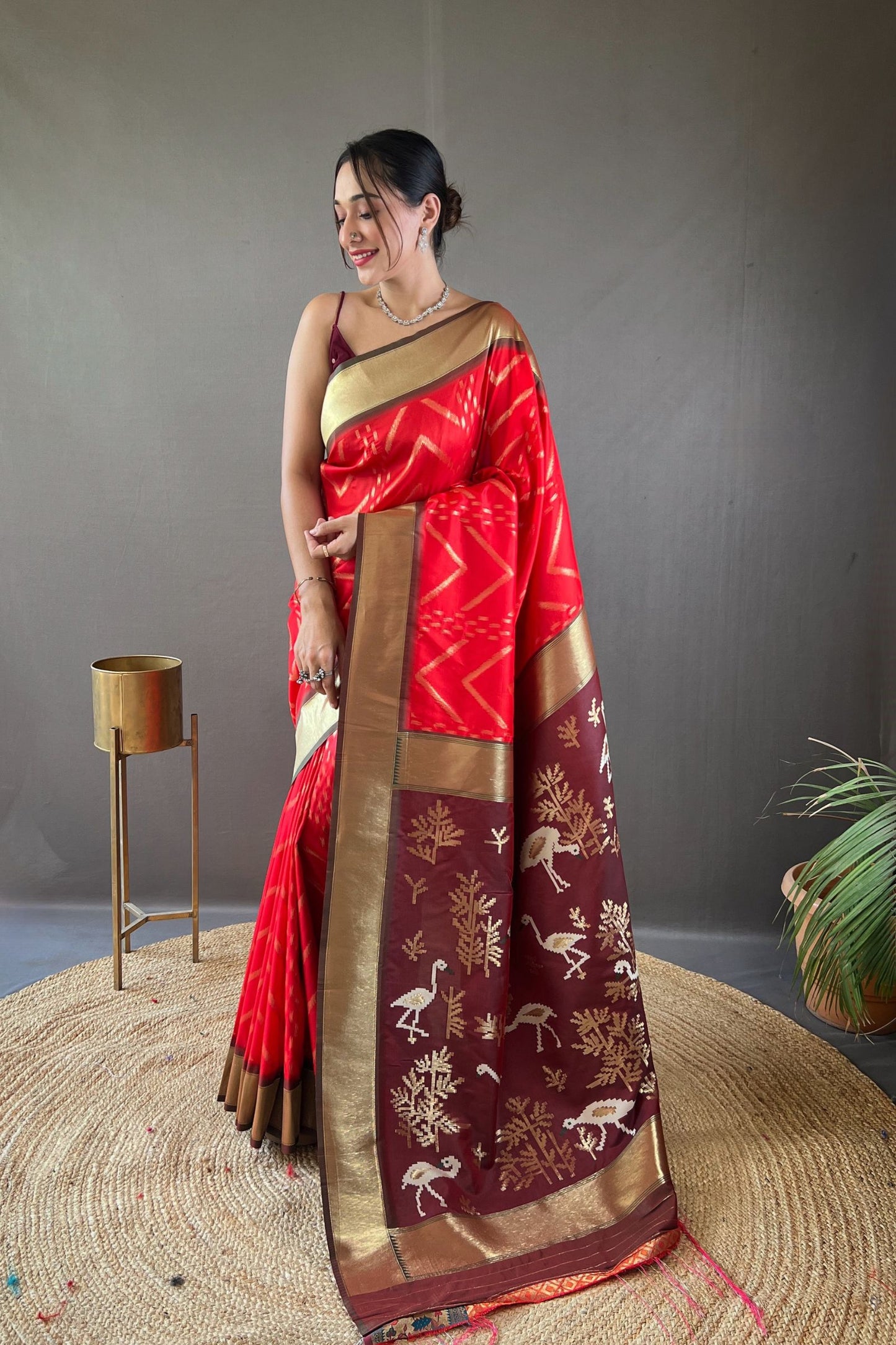 Red Zig Zag Zari Soft Silk Saree