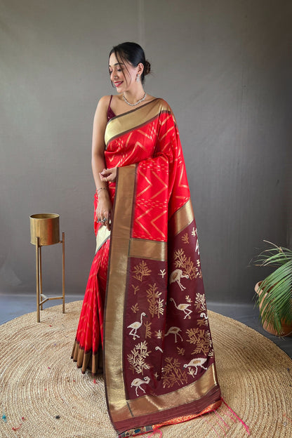 Red Zig Zag Zari Soft Silk Saree