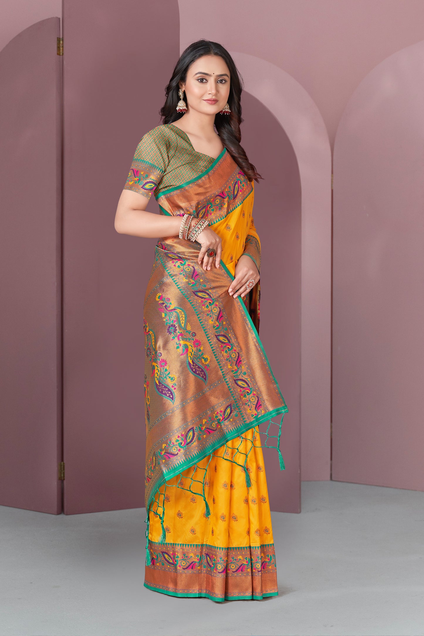 Yellow Original Meenakari Paithani Silk Zari Woven Saree