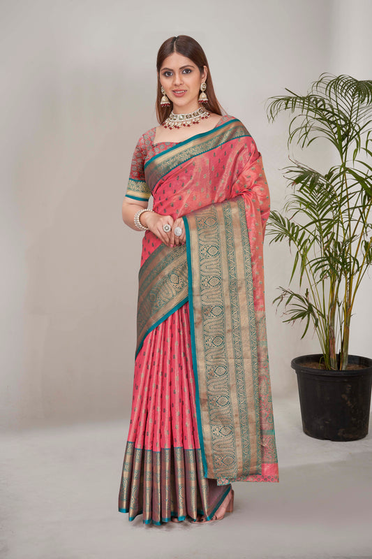 Peach Kanchipuram Tissue Silk Traditional Zari Woven Saree