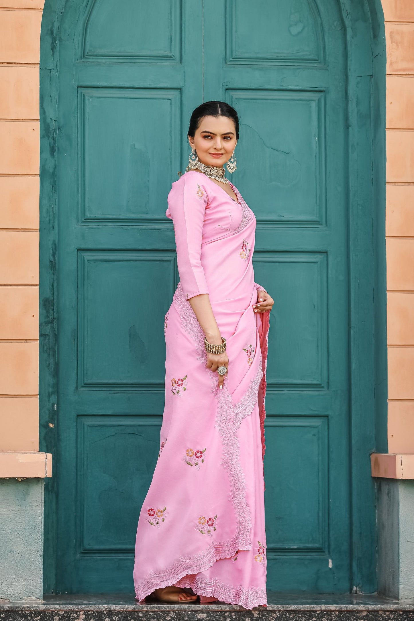 Baby Pink Floral Embroidered Tussar Cotton Saree