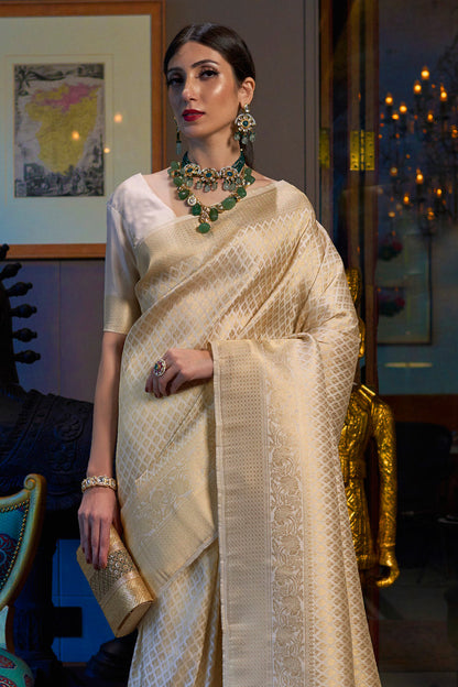 Pearl White Premium Banarasi Soft Silk Saree with Hand Woven Work