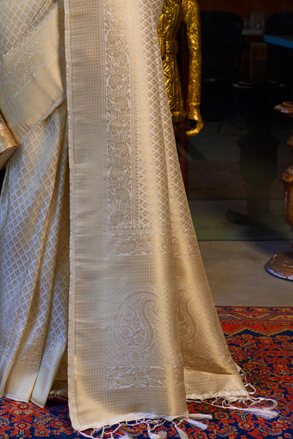 Pearl White Premium Banarasi Soft Silk Saree with Hand Woven Work