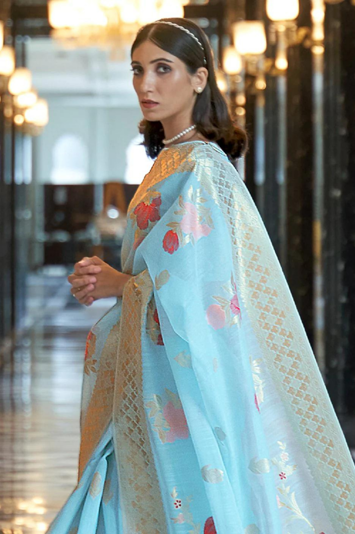 Sky Blue Soft Cotton Blend Silk Saree with Zari Work