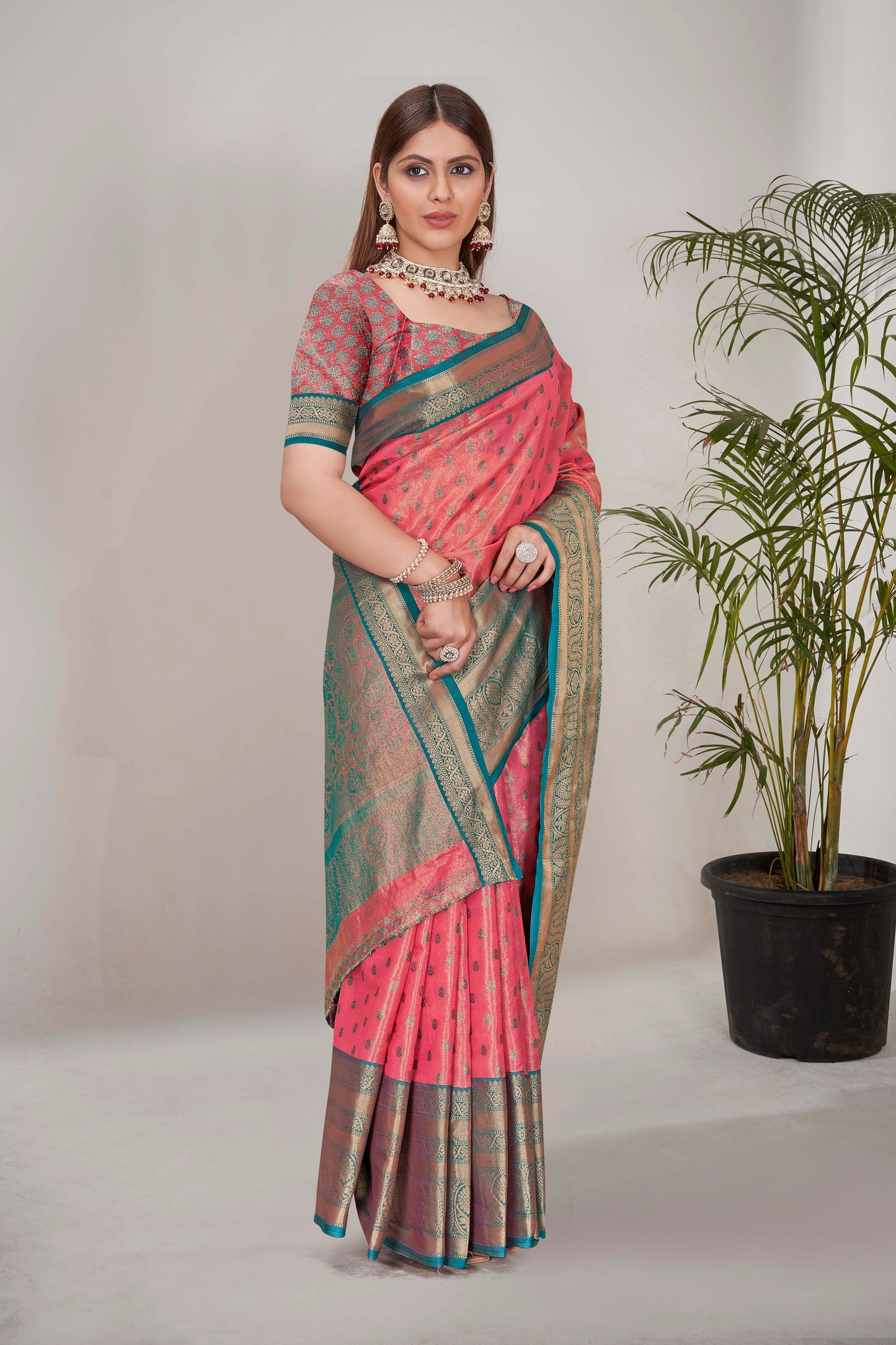 Peach Kanchipuram Tissue Silk Traditional Zari Woven Saree