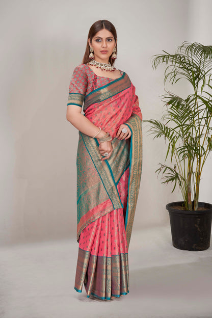 Peach Kanchipuram Tissue Silk Traditional Zari Woven Saree