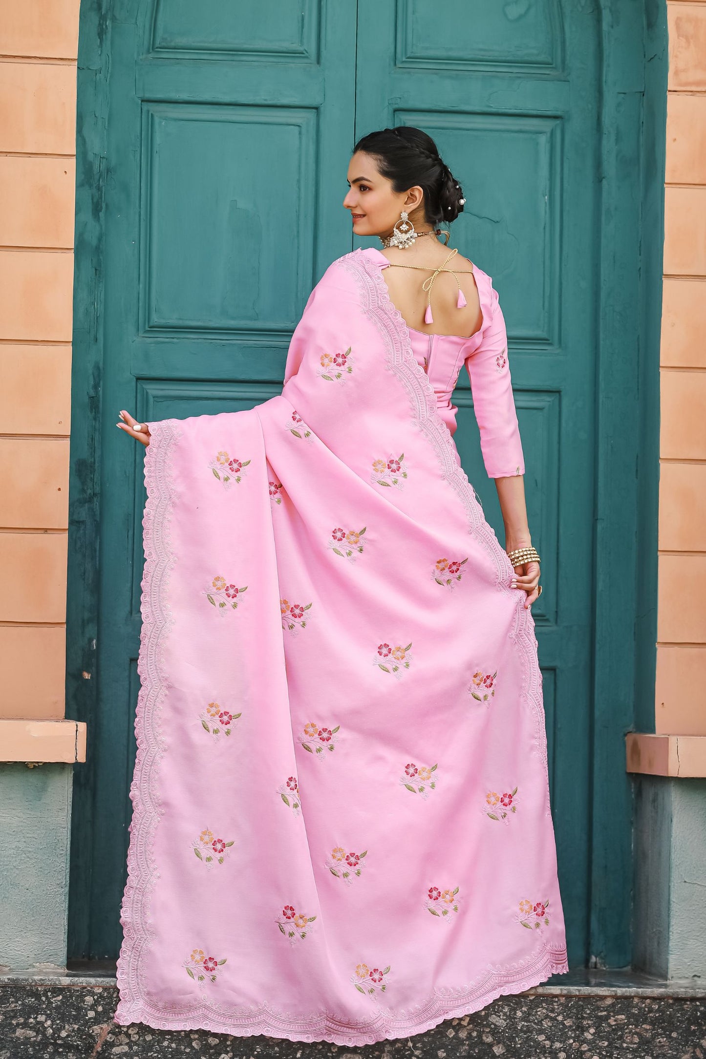 Baby Pink Floral Embroidered Tussar Cotton Saree