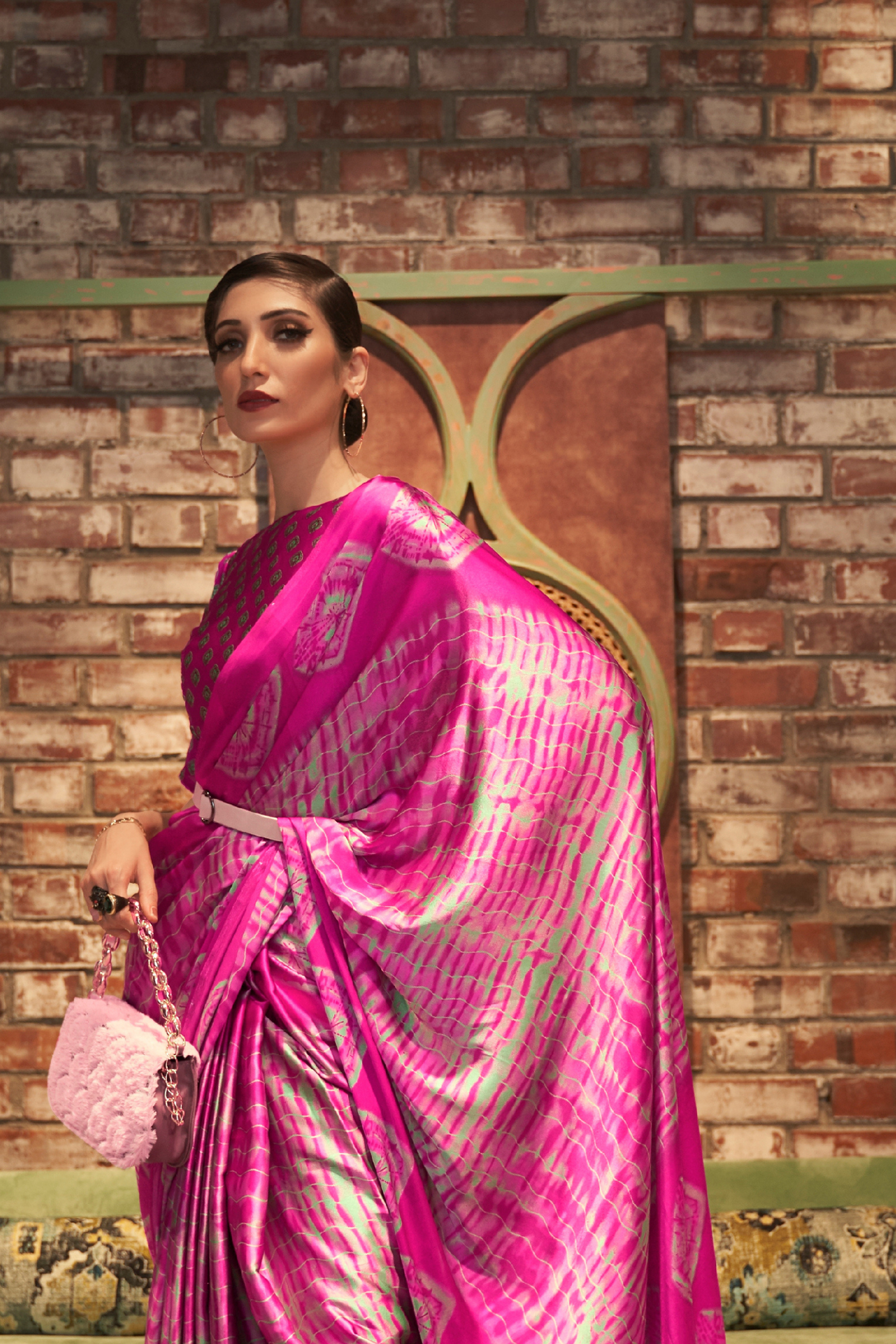 Magenta Printed Satin Crepe Saree