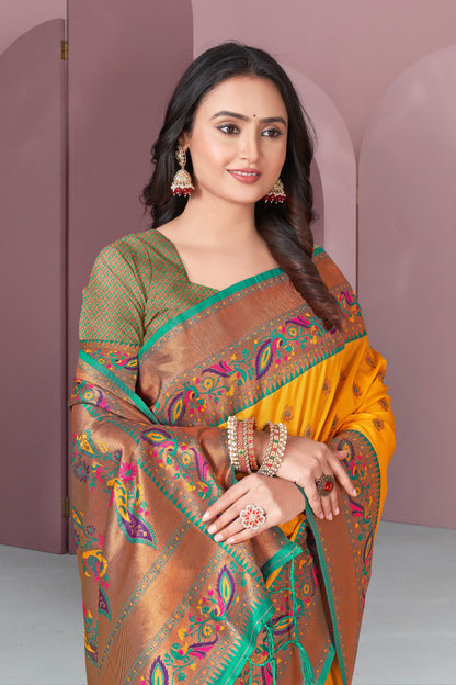 Yellow Original Meenakari Paithani Silk Zari Woven Saree