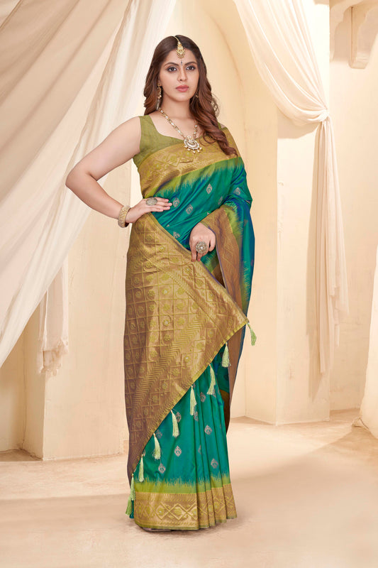 Green Haze Soft Silk Floral Border Contrast Zari Woven Saree