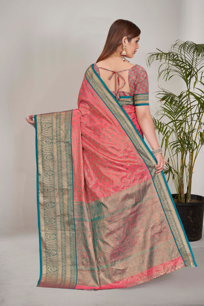 Peach Kanchipuram Tissue Silk Traditional Zari Woven Saree