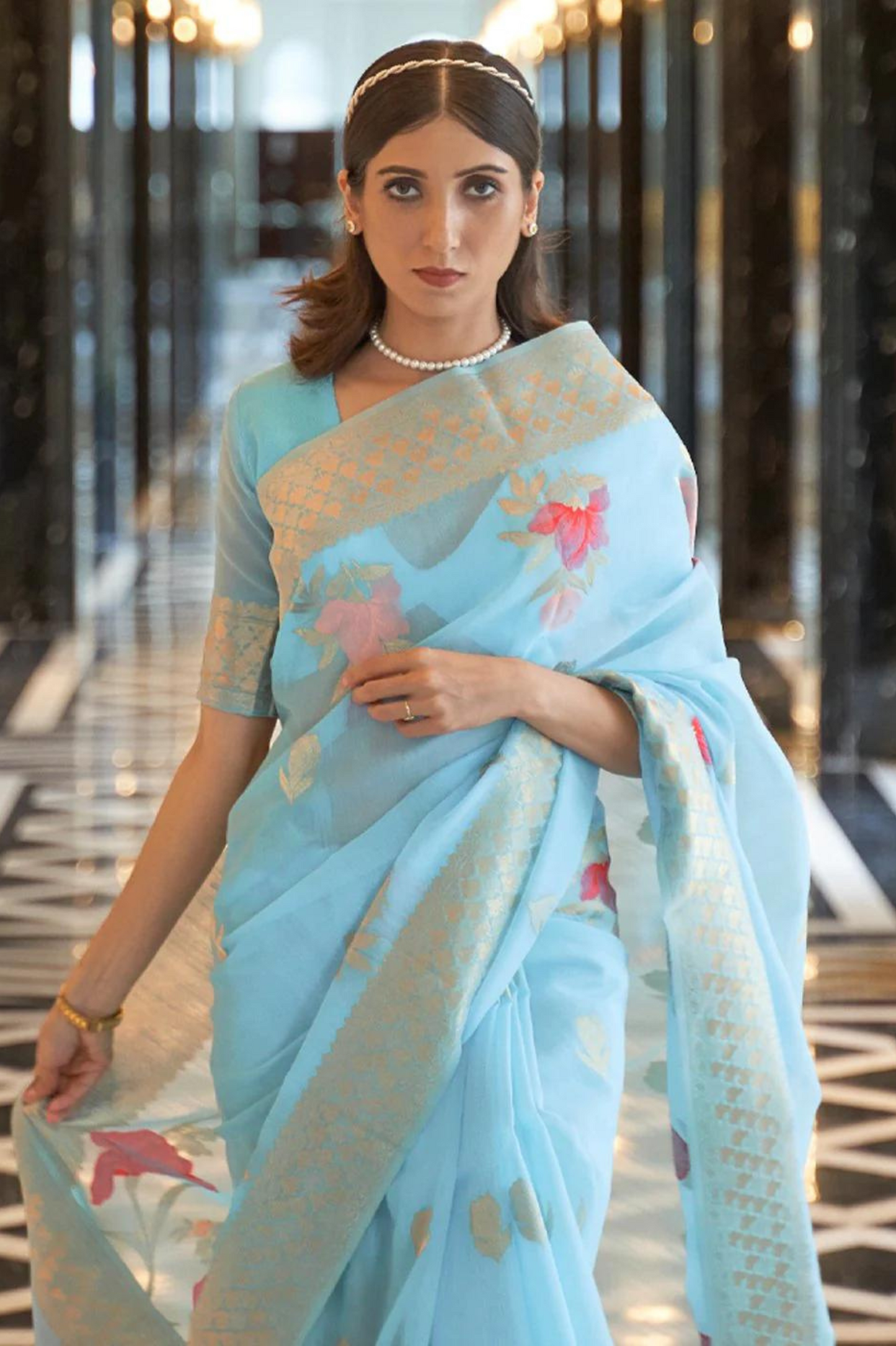 Sky Blue Soft Cotton Blend Silk Saree with Zari Work