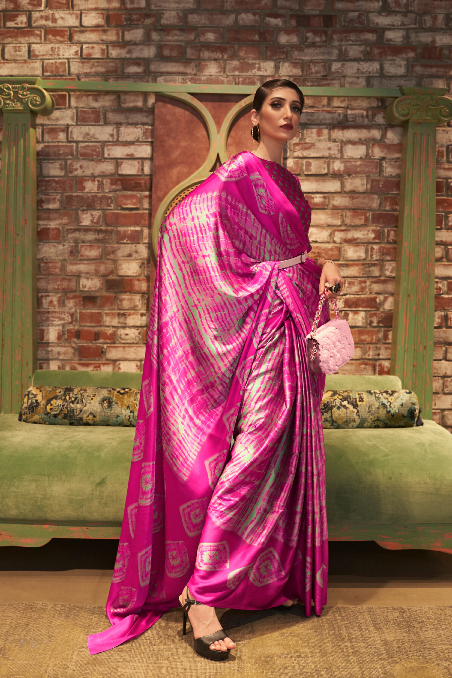Magenta Printed Satin Crepe Saree
