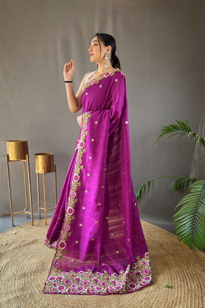 Purple Embroidered Pure Tussar Silk Saree