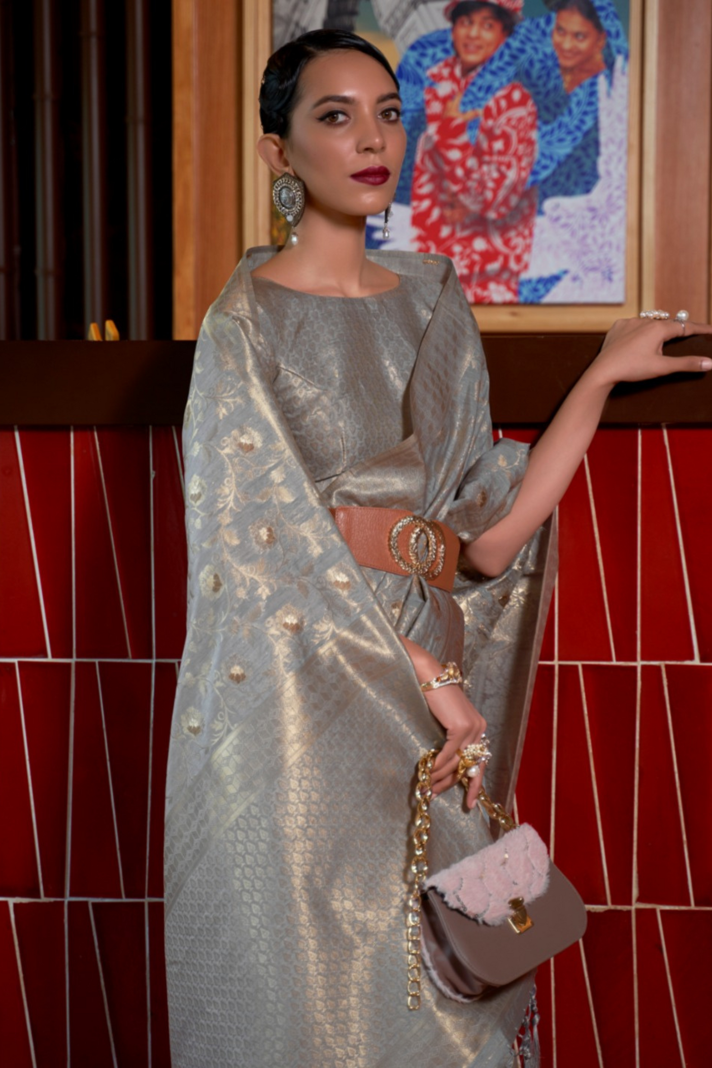 Gray Pure Banarasi Woven Silk Saree with Zari Work