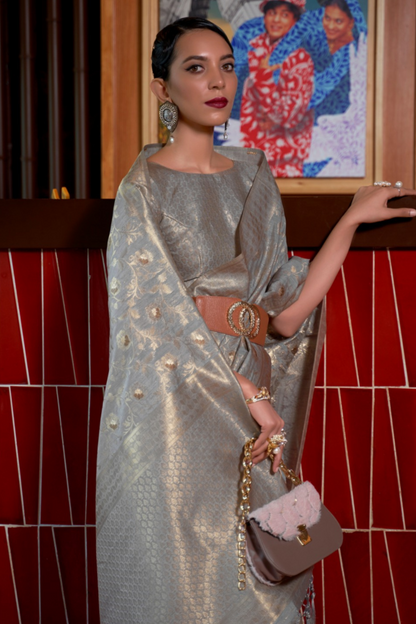 Gray Pure Banarasi Woven Silk Saree with Zari Work