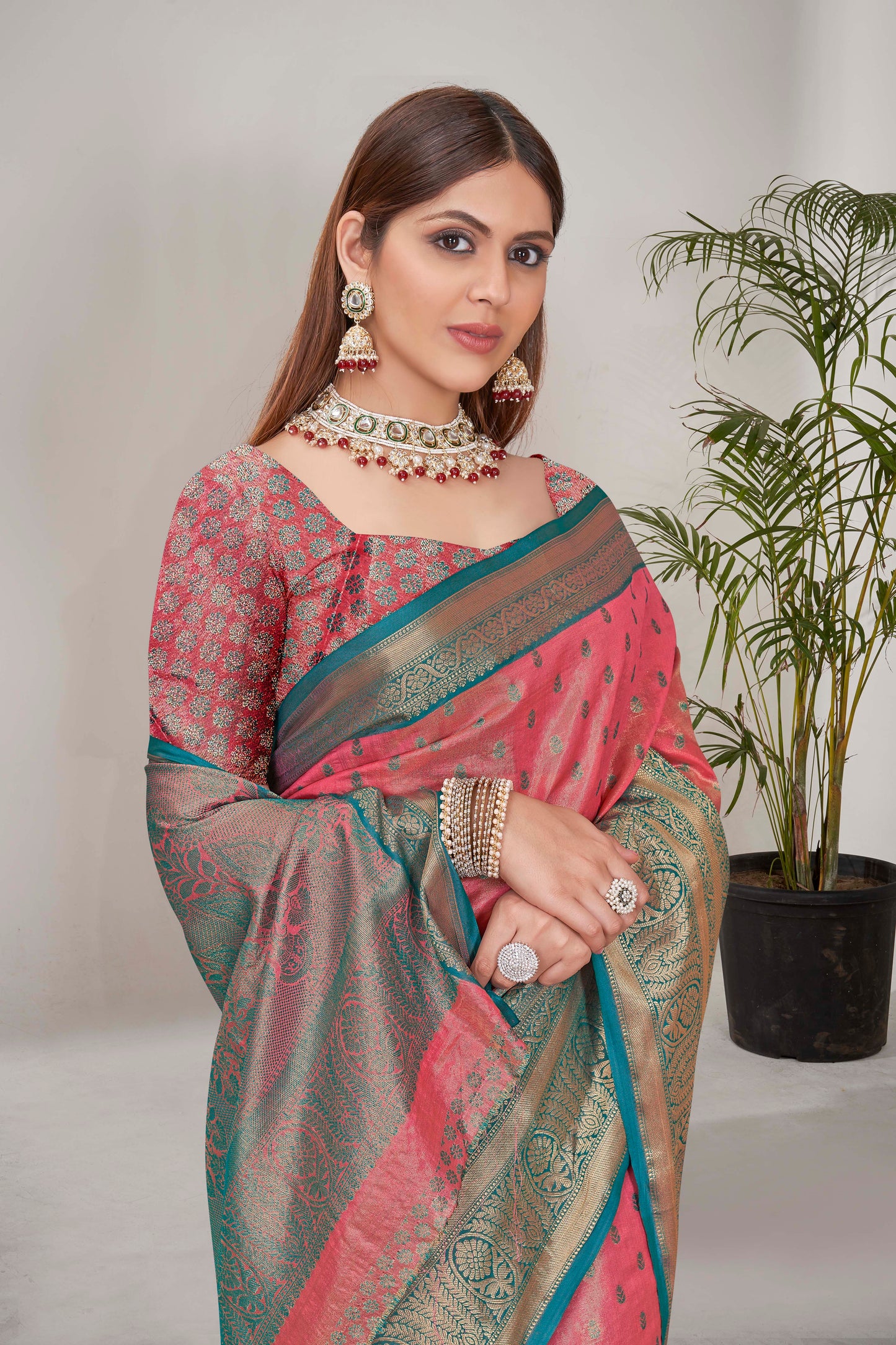 Peach Kanchipuram Tissue Silk Traditional Zari Woven Saree