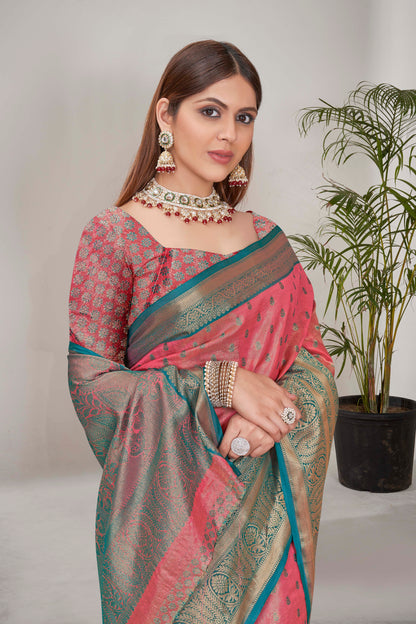 Peach Kanchipuram Tissue Silk Traditional Zari Woven Saree