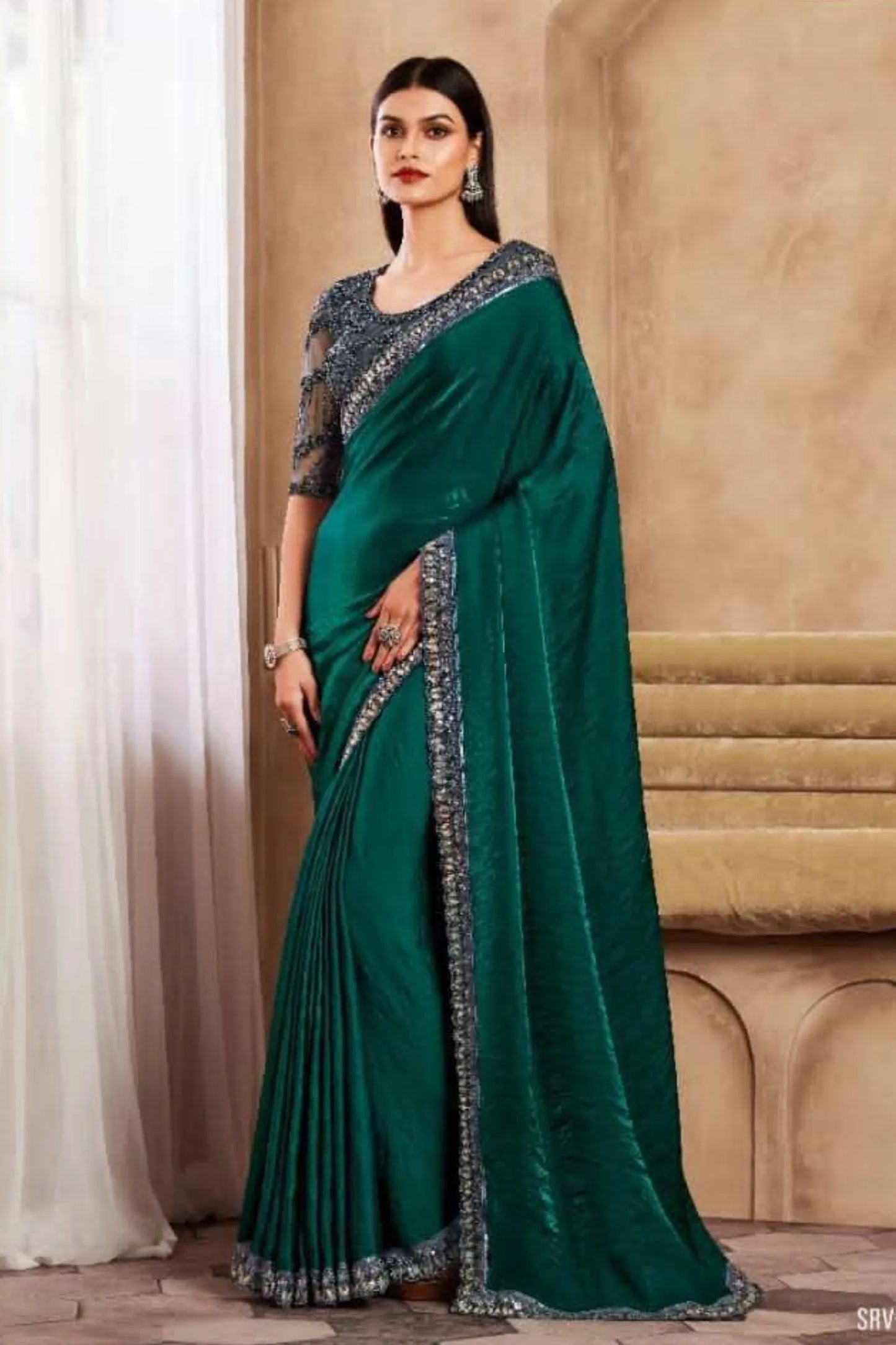Dark Green Designer Cherry Silk Saree With Fancy Work