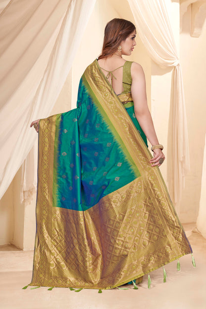 Green Haze Soft Silk Floral Border Contrast Zari Woven Saree