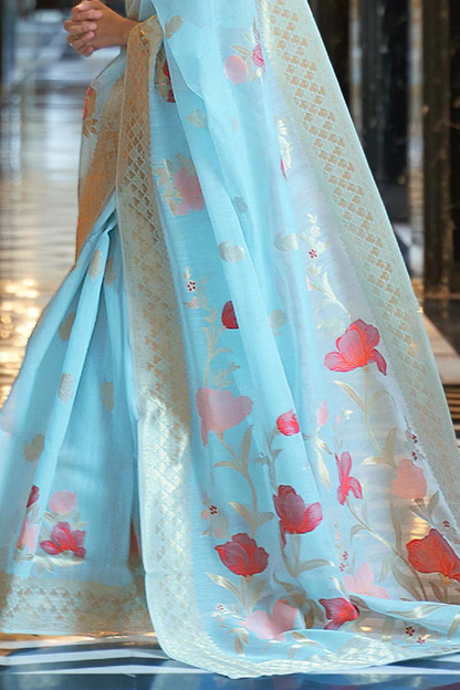 Sky Blue Soft Cotton Blend Silk Saree with Zari Work