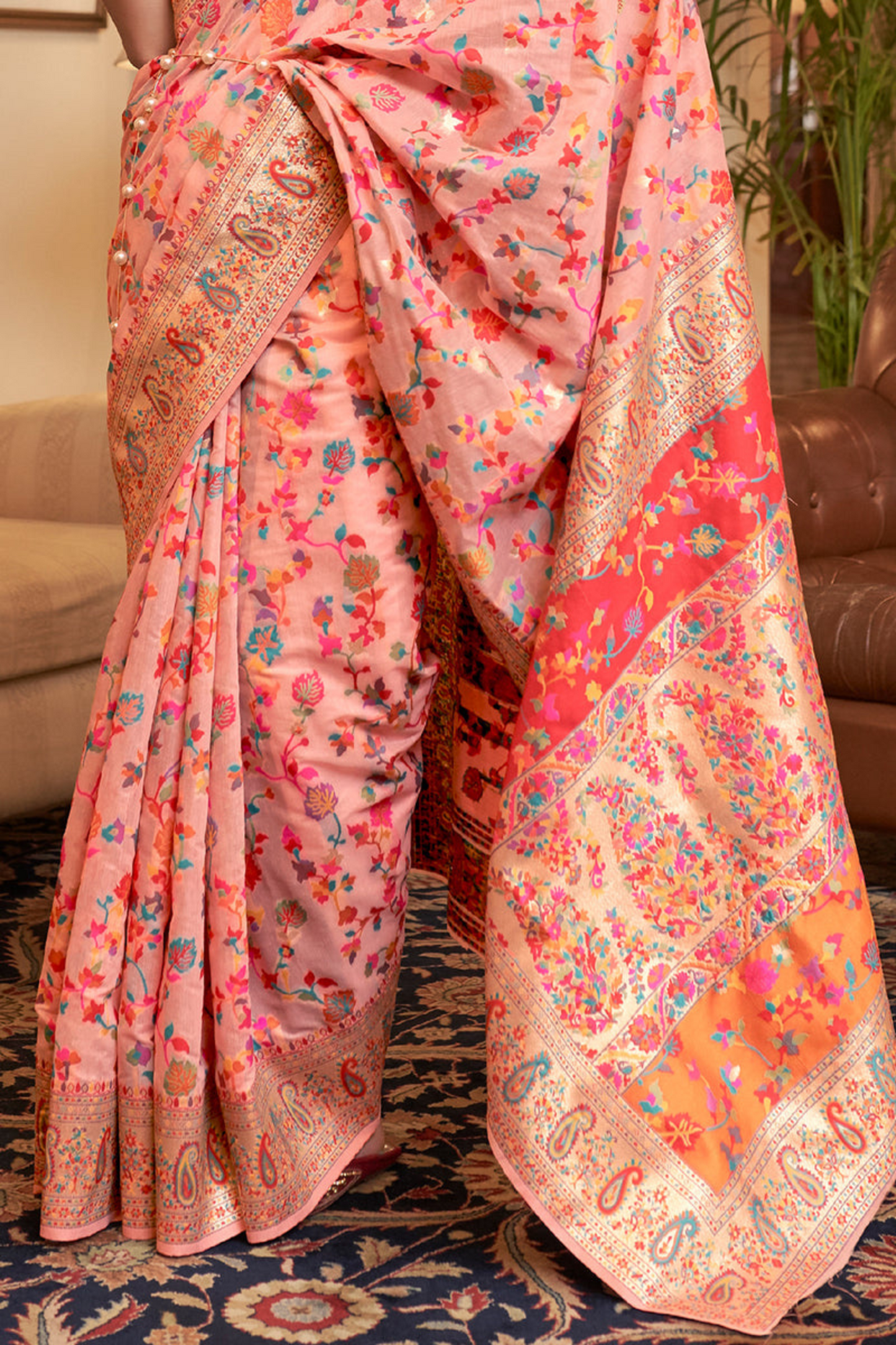 Peach Cotton Silk Pashmina Sarees with Kashmiri Modal Weaving