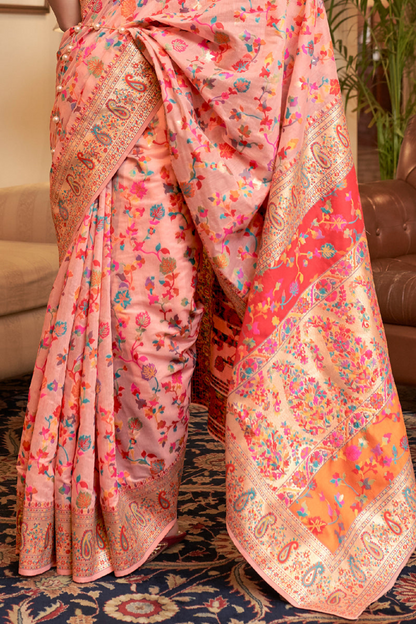 Peach Cotton Silk Pashmina Sarees with Kashmiri Modal Weaving