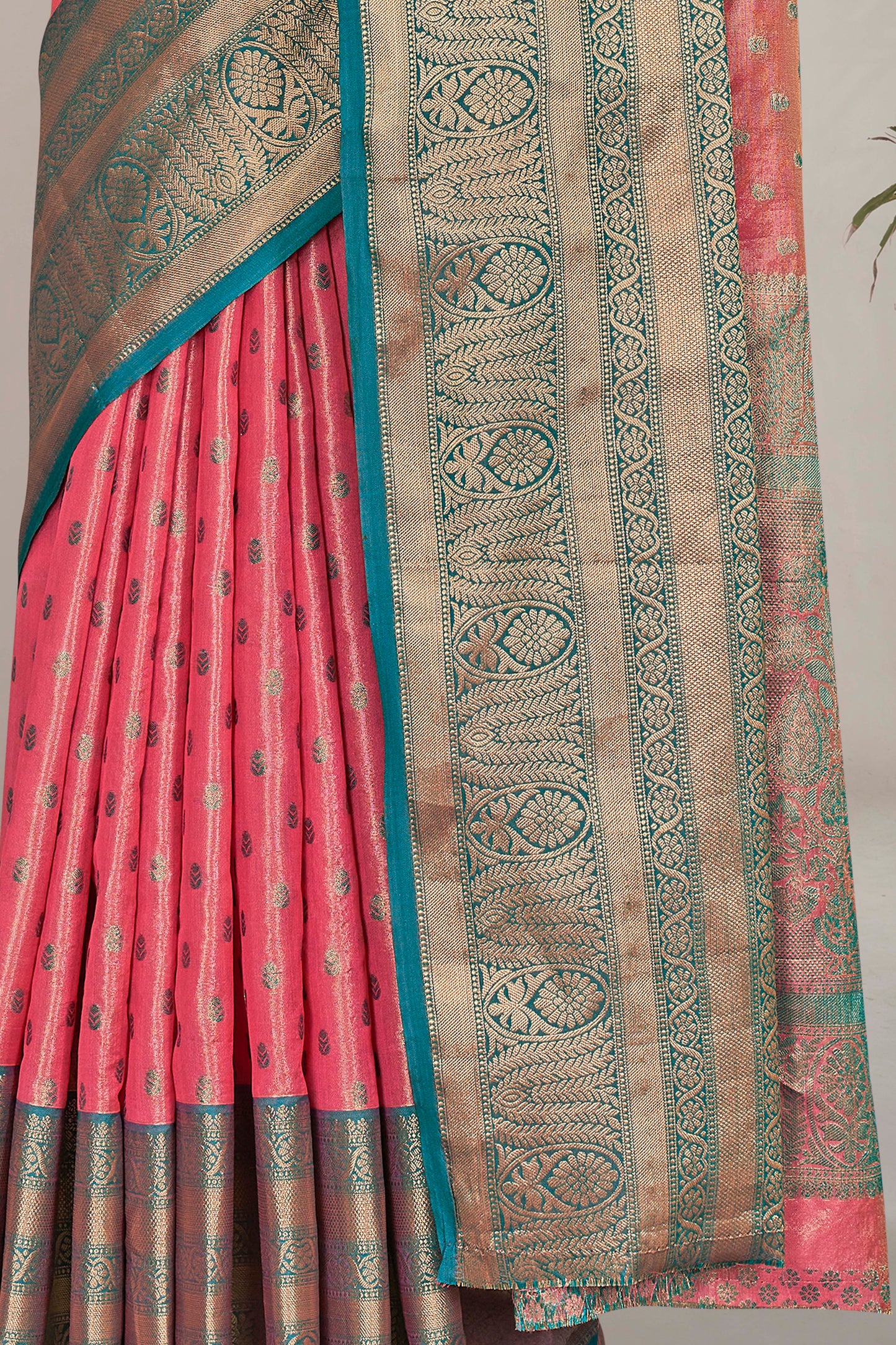 Peach Kanchipuram Tissue Silk Traditional Zari Woven Saree