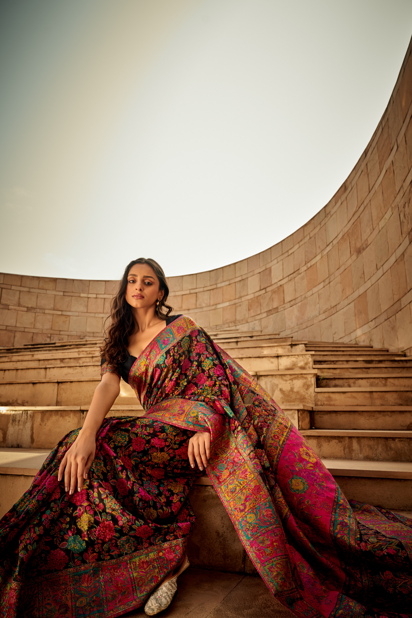 Black Kashmiri Soft Cotton Pashmina Silk Saree with Floral Print