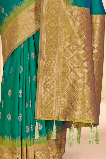 Green Haze Soft Silk Floral Border Contrast Zari Woven Saree